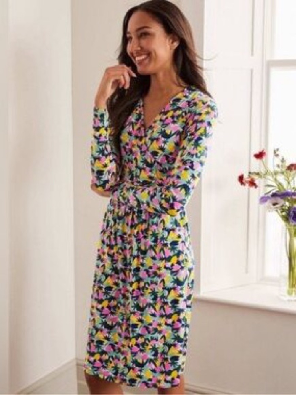 Boden Layla Jersey Wrap Dress Palm Print Long Sleeve V-Neck Stretch sz 12R Pink